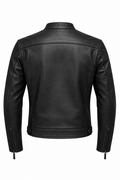 Cafe Racer Leather Motorcycle Jacket - Classic Band Collar