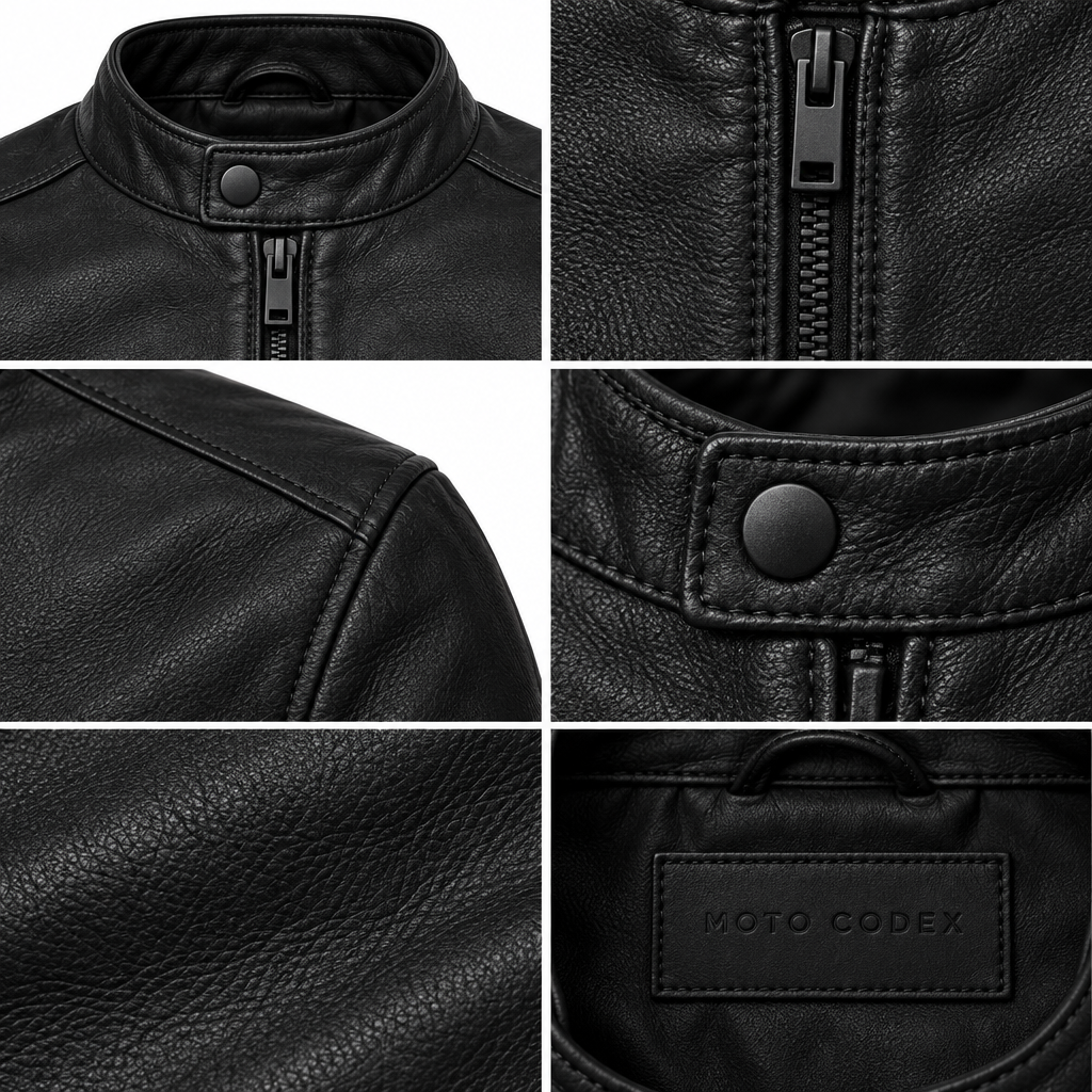 Cafe Racer Leather Motorcycle Jacket - Classic Band Collar