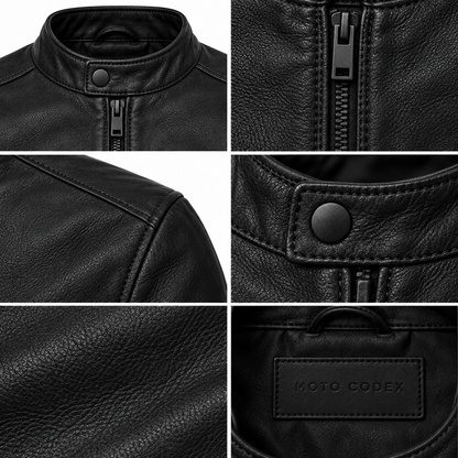 Cafe Racer Leather Motorcycle Jacket - Classic Band Collar