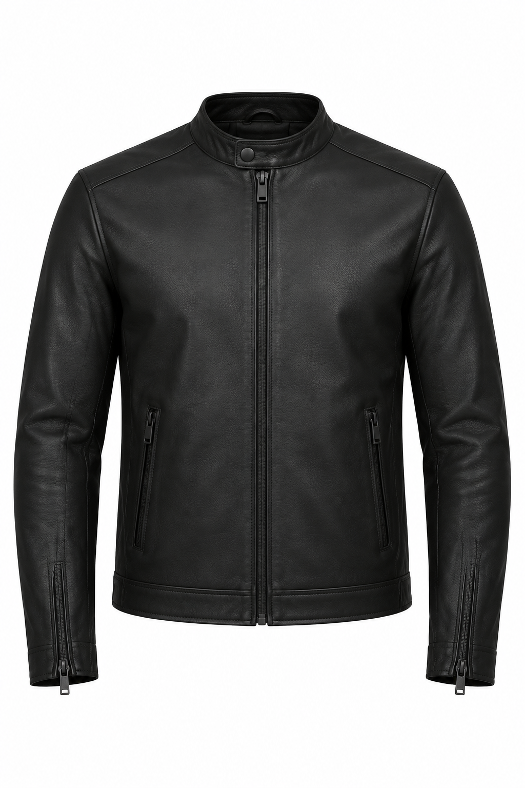 Cafe Racer Leather Motorcycle Jacket - Classic Band Collar