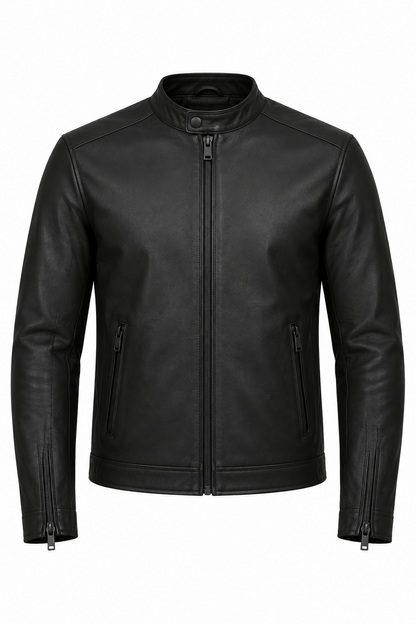Cafe Racer Leather Motorcycle Jacket - Classic Band Collar