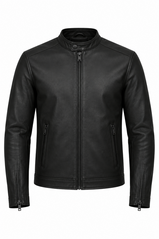 Cafe Racer Leather Motorcycle Jacket - Classic Band Collar