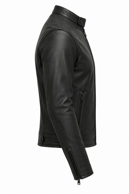 Cafe Racer Leather Motorcycle Jacket - Classic Band Collar