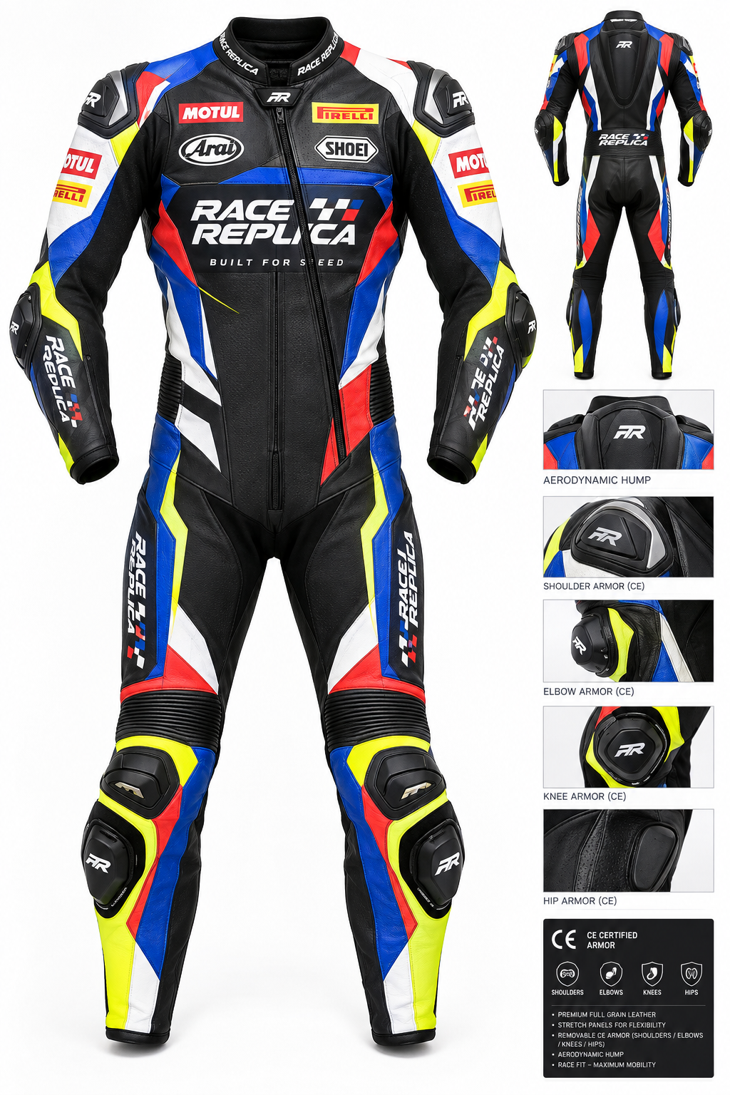 Custom Race Replica Leather Suit – Front View with Sample Livery