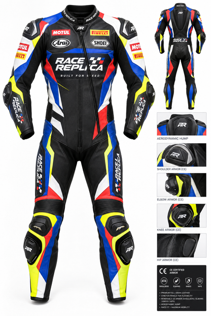 Custom Race Replica Leather Suit – Front View with Sample Livery