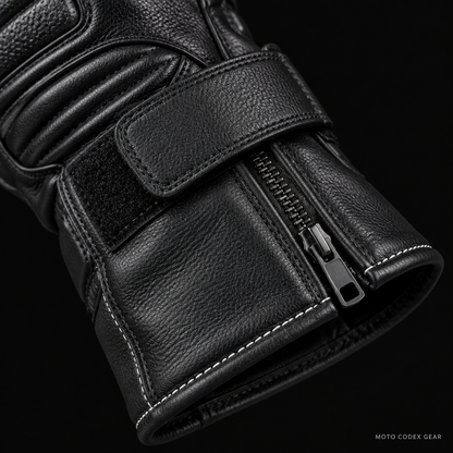 Touring Leather Motorcycle Glove – Cuff Zip & Strap Detail