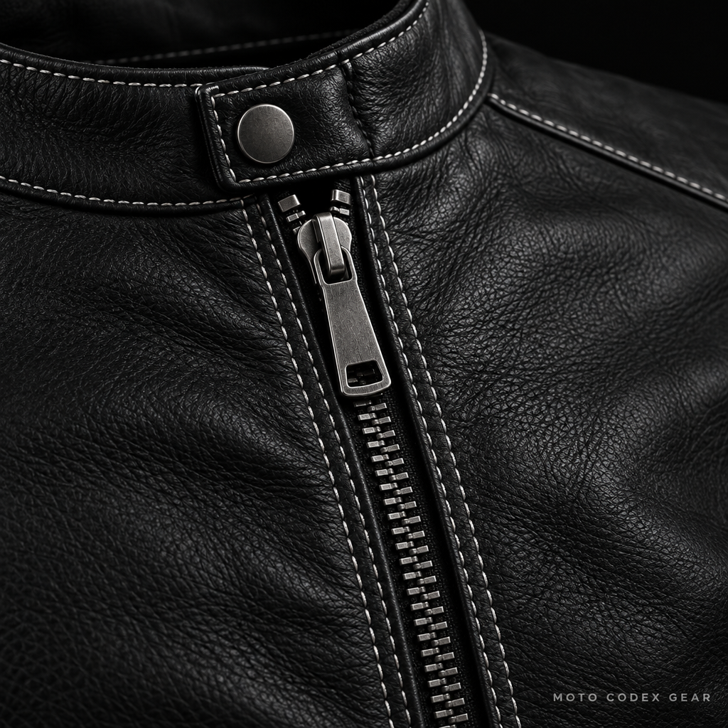 Café Racer Leather Motorcycle Jacket – Zip & Stitching Detail