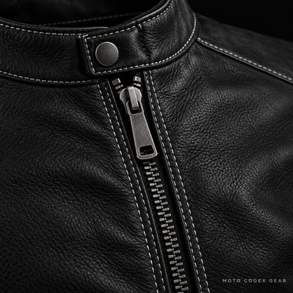 Café Racer Leather Motorcycle Jacket – Zip & Stitching Detail